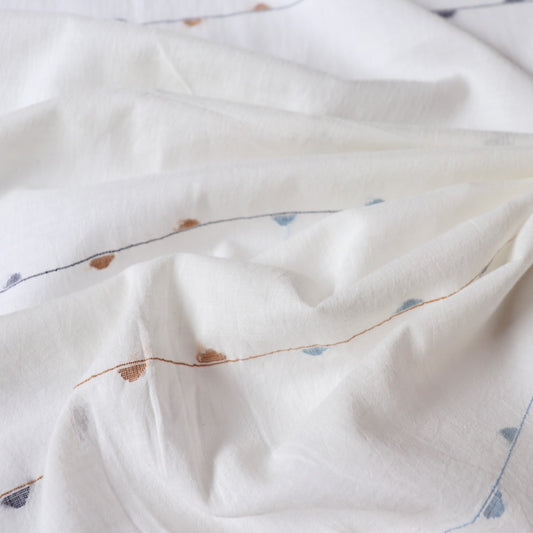 super soft cotton fabric handwoven with blue geometric designs on white jamdani muslin