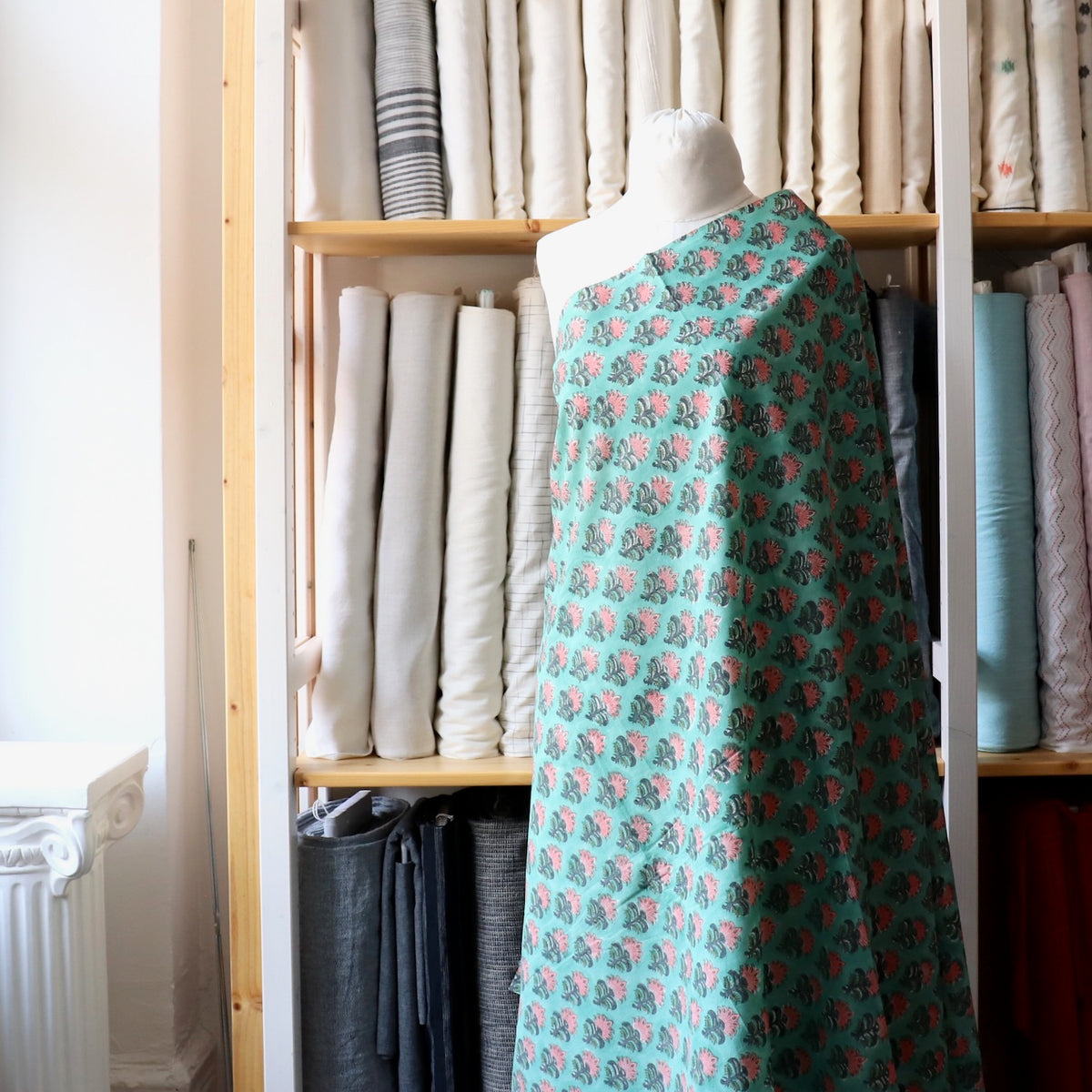 Teal Feather Flower Block Print Cotton