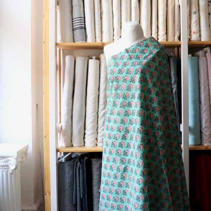 Teal Feather Flower Block Print Cotton