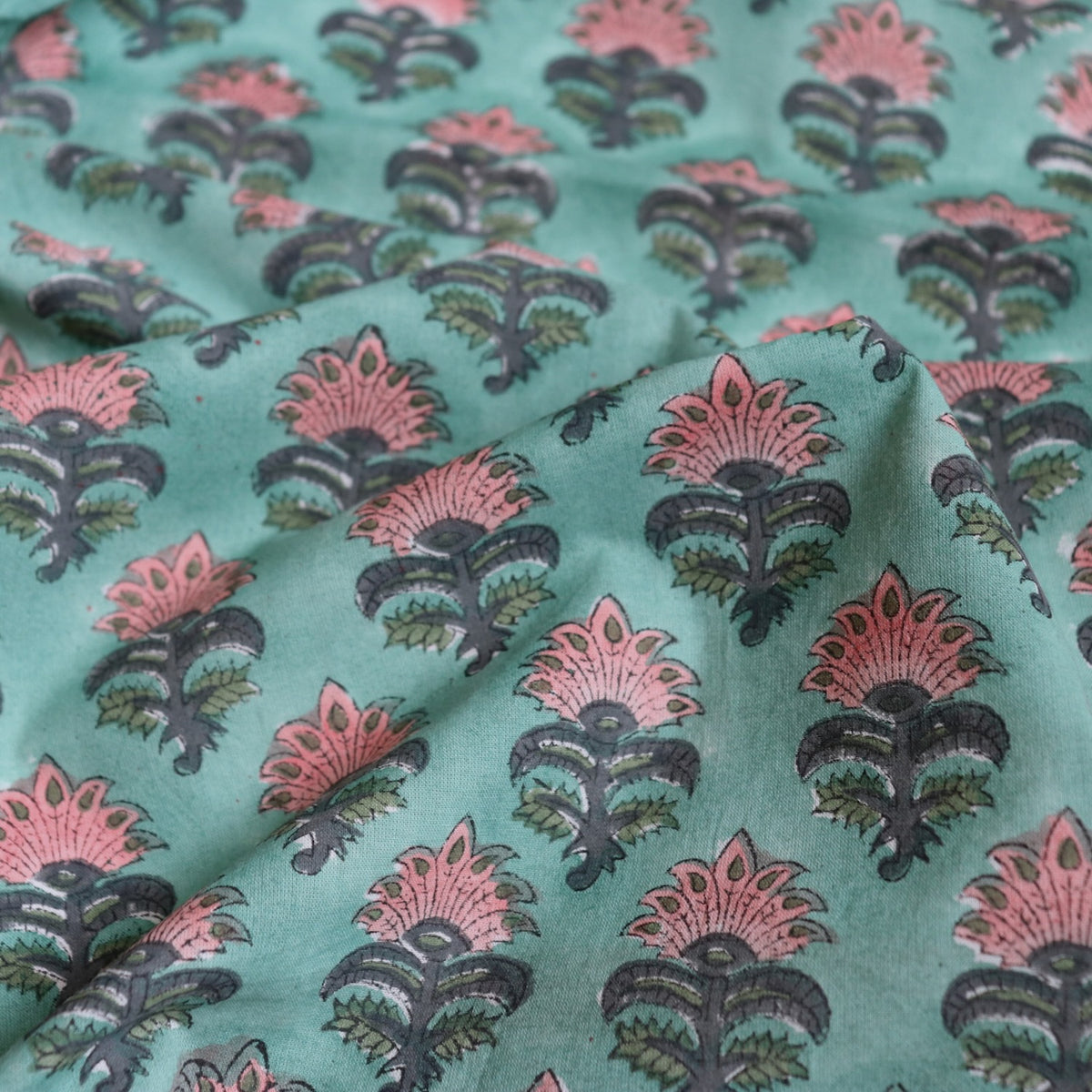 Teal Feather Flower Block Print Cotton