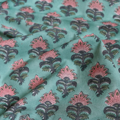 Teal Feather Flower Block Print Cotton