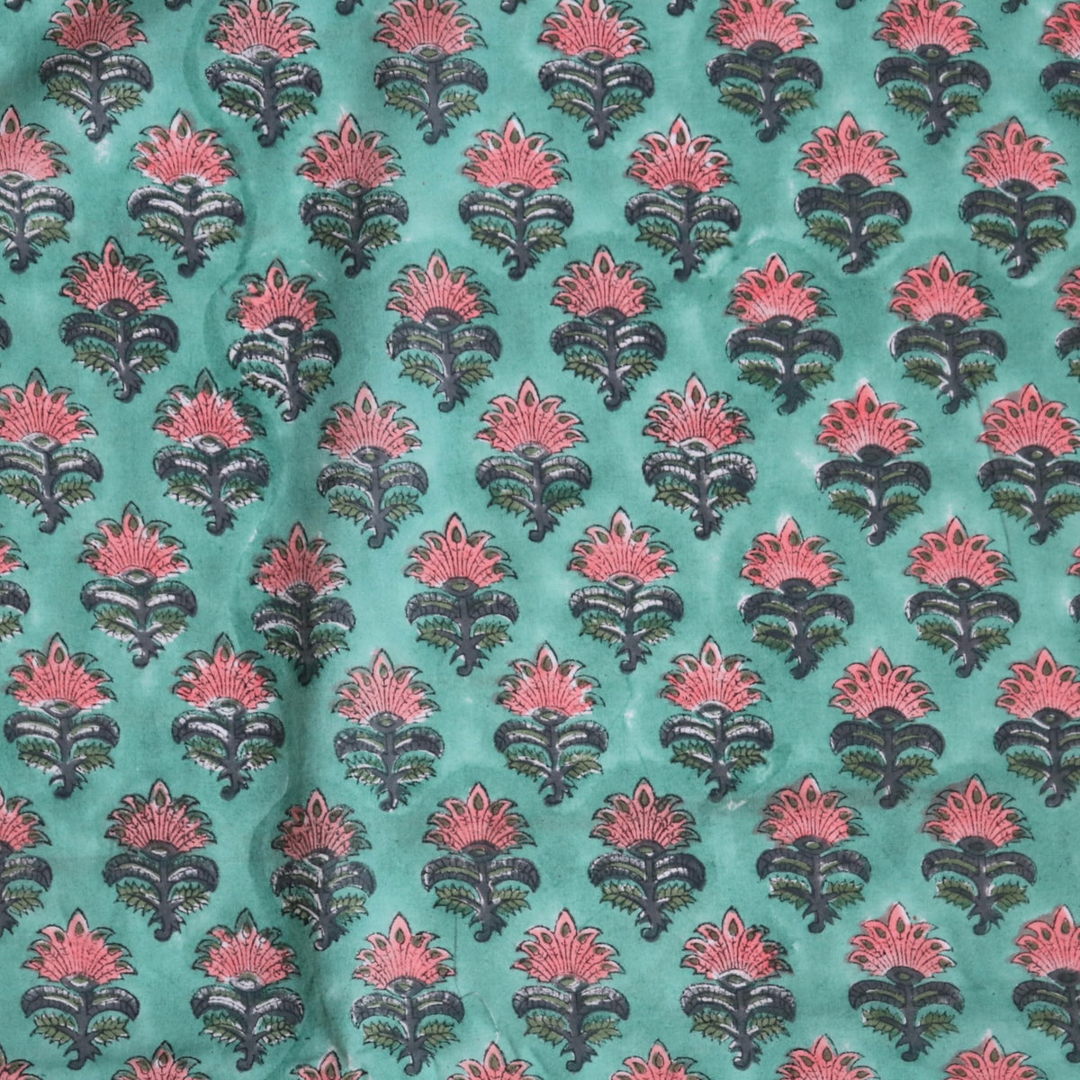 Teal Feather Flower Block Print Cotton
