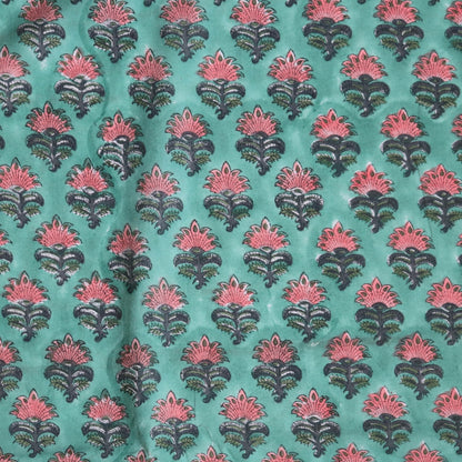 Teal Feather Flower Block Print Cotton