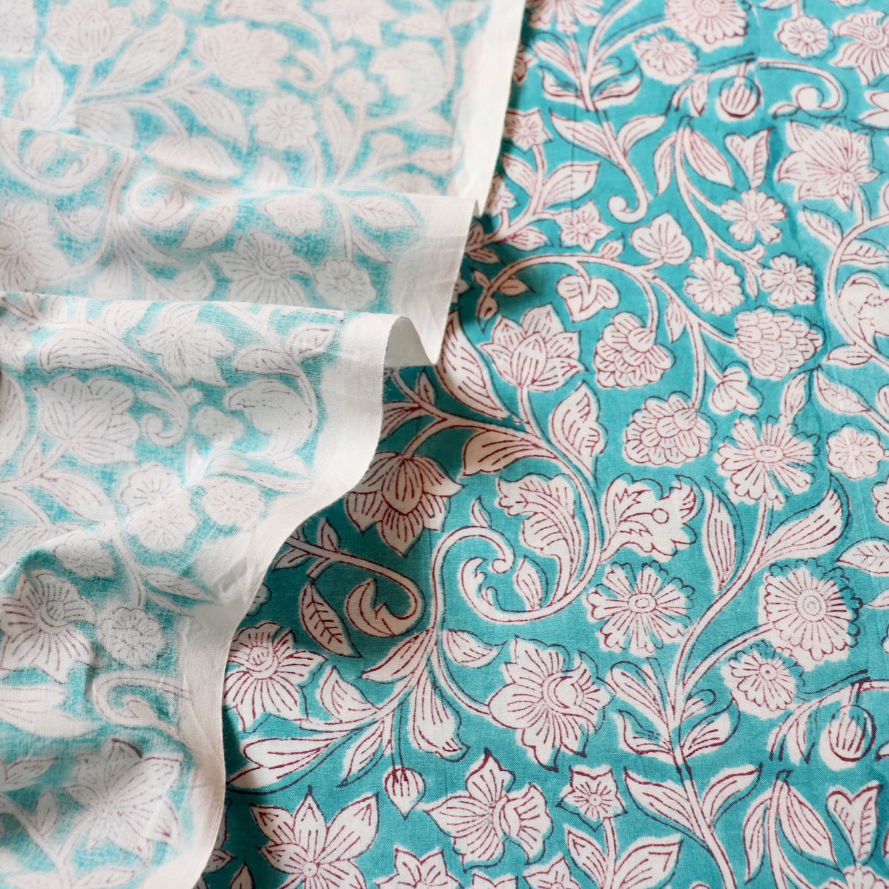 wood block print cotton fabric turquoise and white floral 