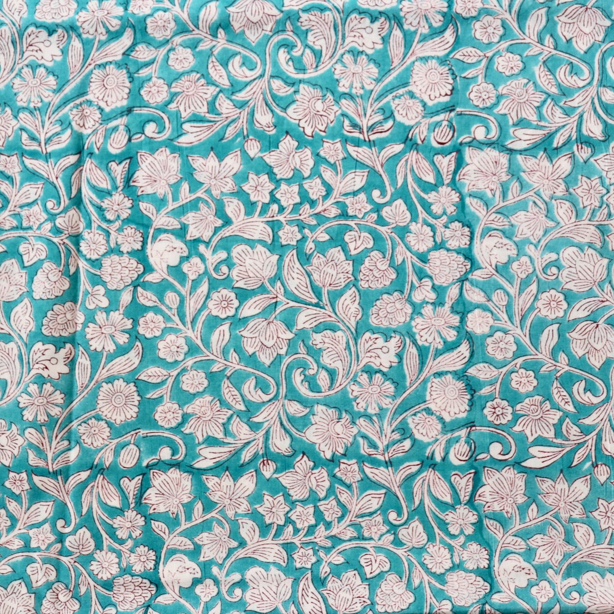 wood block print cotton fabric turquoise and white floral 