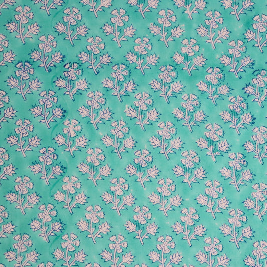 small turquoise floral hand printed cotton fabric for quilting and dressmaking