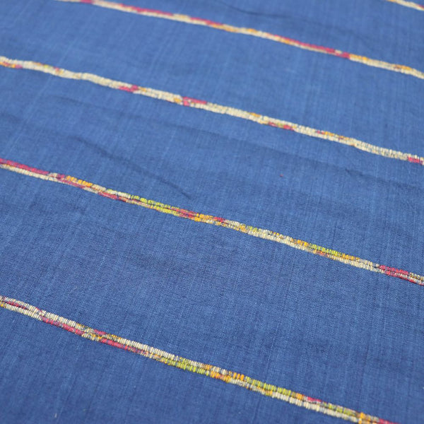 blue cotton fabric yardage with upcycled sari stripe