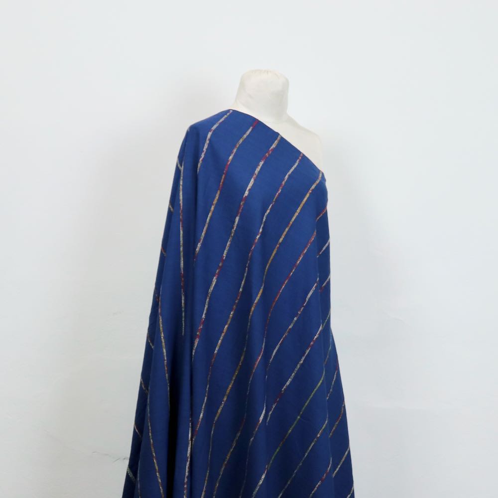 blue cotton fabric yardage with upcycled sari stripe