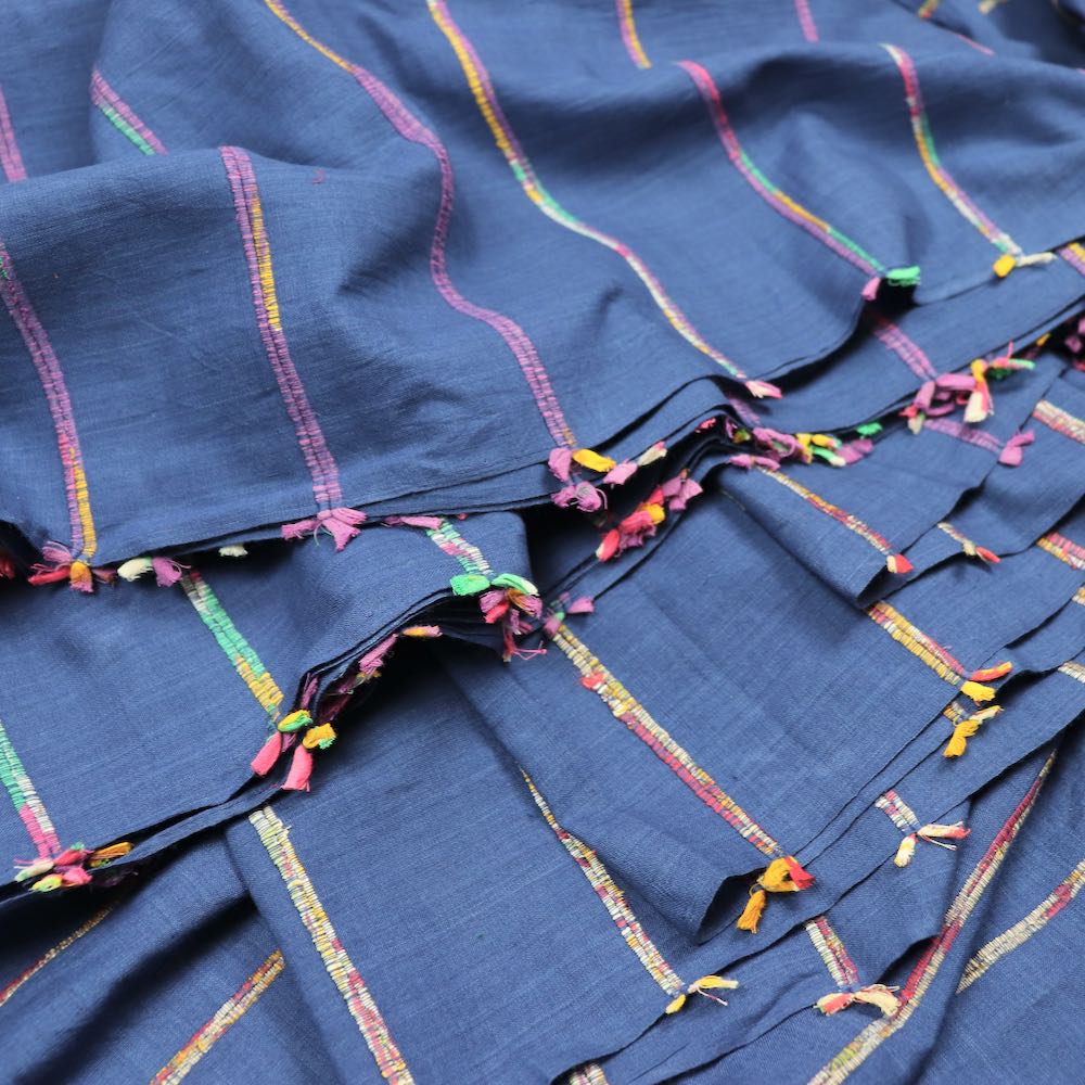 blue cotton fabric yardage with upcycled sari stripe