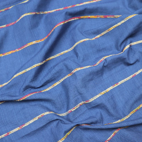 blue cotton fabric yardage with upcycled sari stripe
