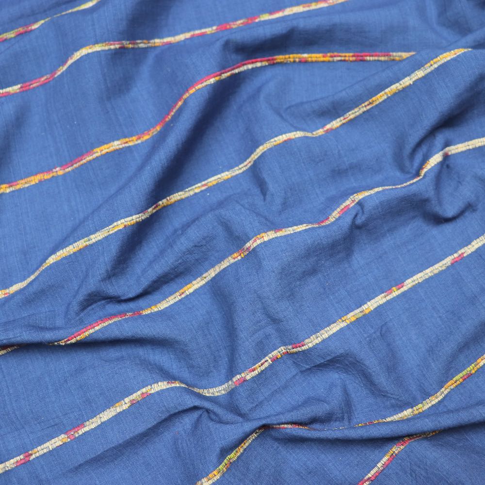 blue cotton fabric yardage with upcycled sari stripe