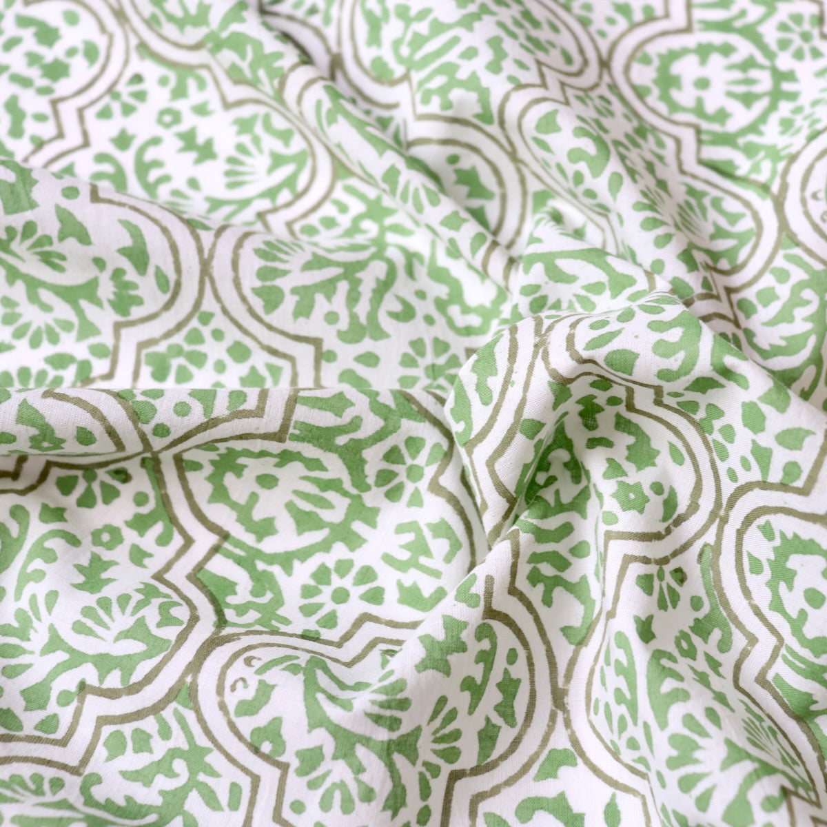 green and white block print Indian cotton fabric