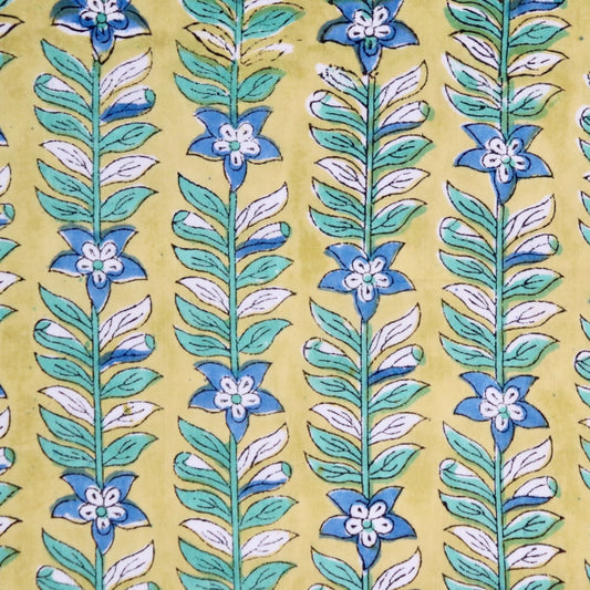 blue and yellow hand block printed soft cotton fabric