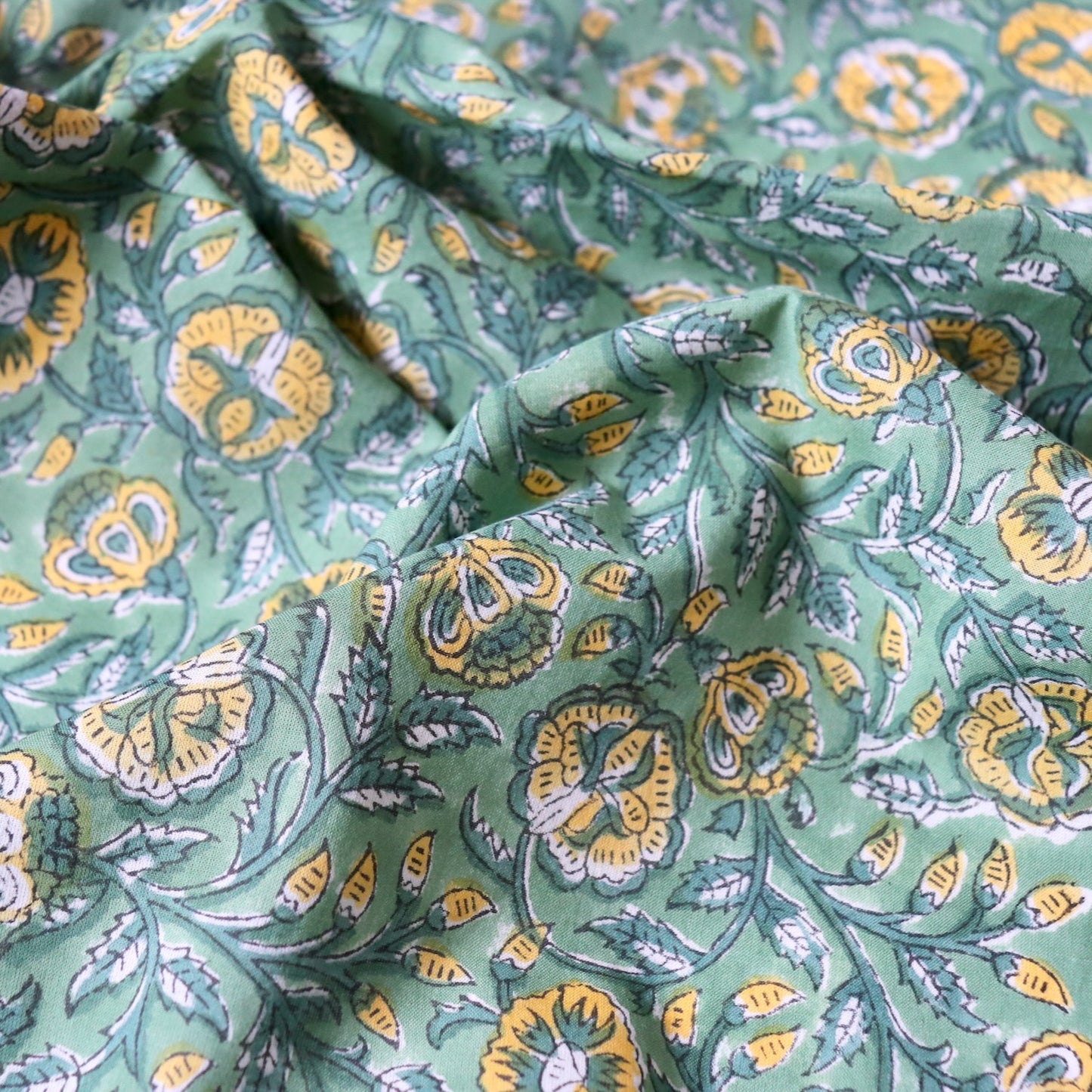 green and yellow block print cotton fabric floral design quilt material