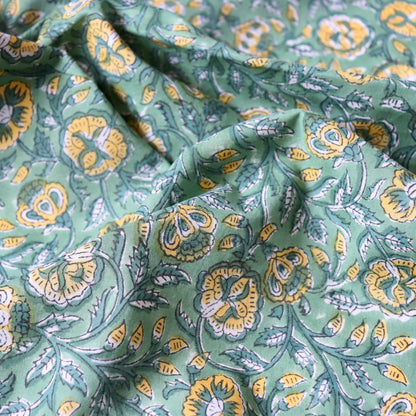 green and yellow block print cotton fabric floral design quilt material