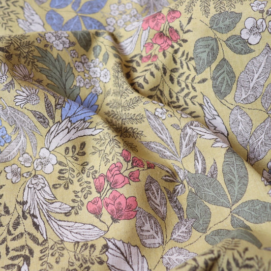 botanical print Hokkoh linen cotton fabric made in Japan yellow and blue