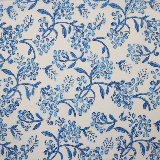 blue and white floral block print cotton fabric