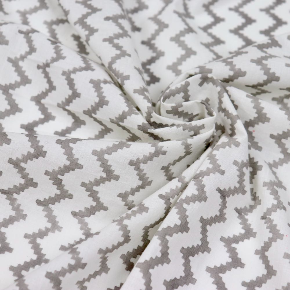 grey zigzag stripe block print cotton fabricgrey zigzag stripe block print cotton fabric