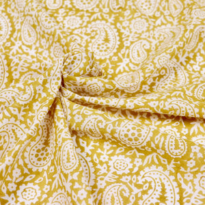 yellow and white paisley design block print cotton fabric