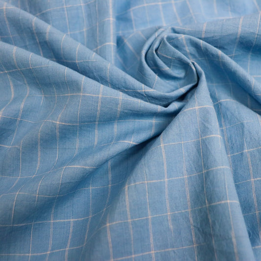 blue and white yarn-dyed check handloom cotton fabric