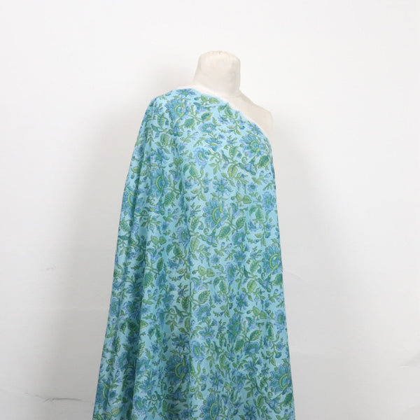 bright blue floral hand block print Rajasthan fabric