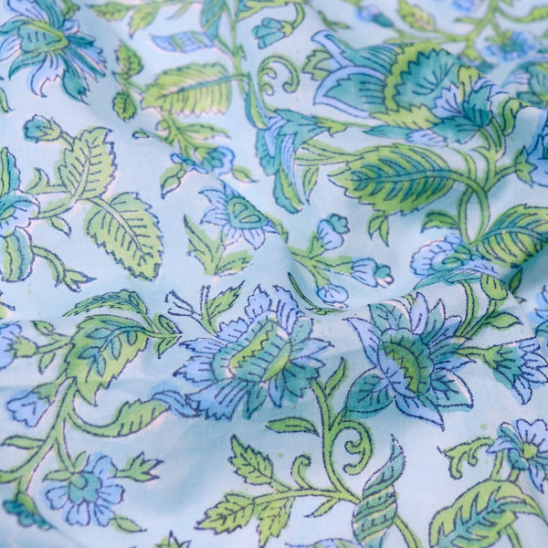 bright blue floral hand block print Rajasthan fabric