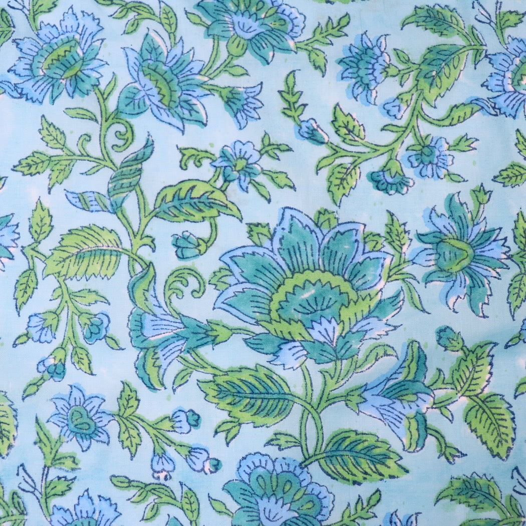 bright blue floral hand block print Rajasthan fabric