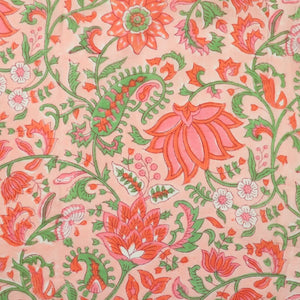pink and green  floral block print cotton fabric