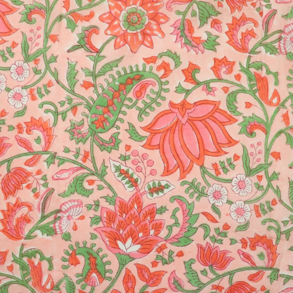 pink and green  floral block print cotton fabric