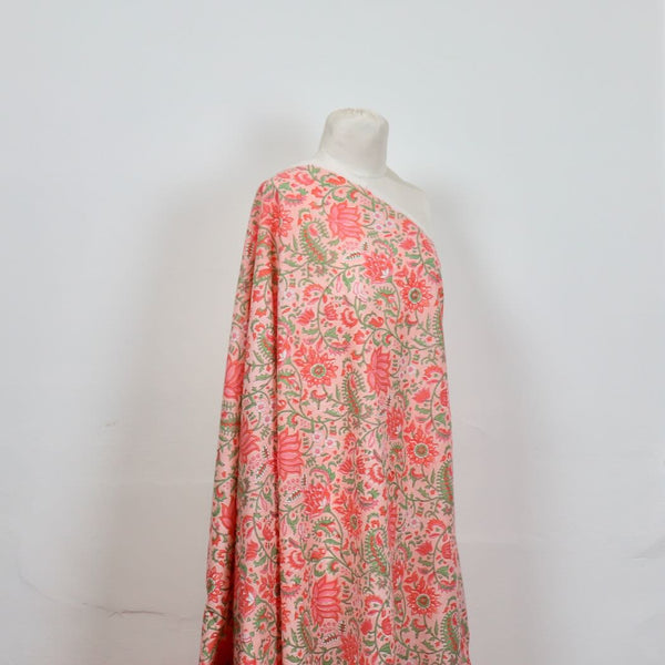 pink and green  floral block print cotton fabric