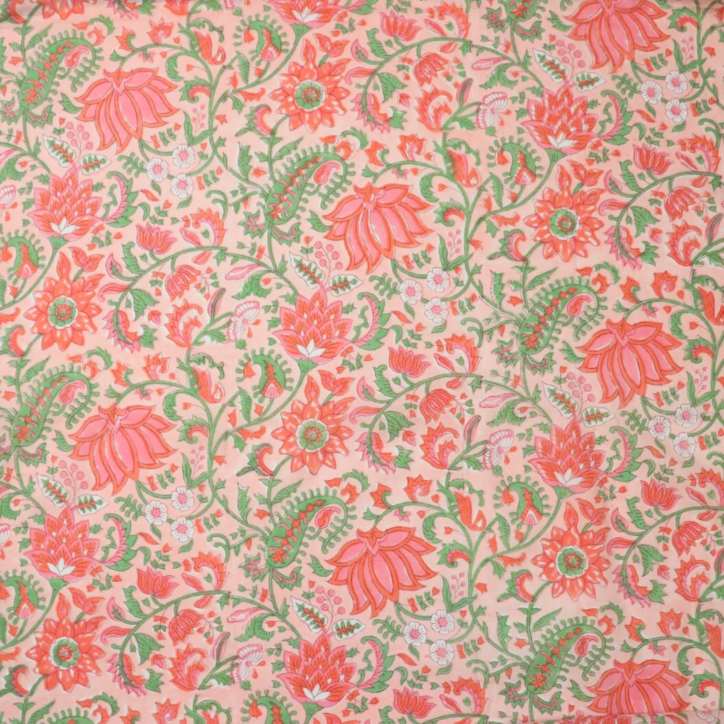 pink and green  floral block print cotton fabric
