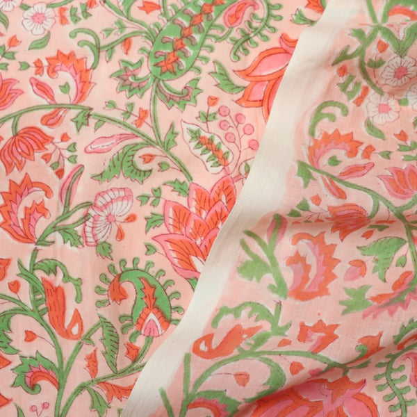 pink and green  floral block print cotton fabric