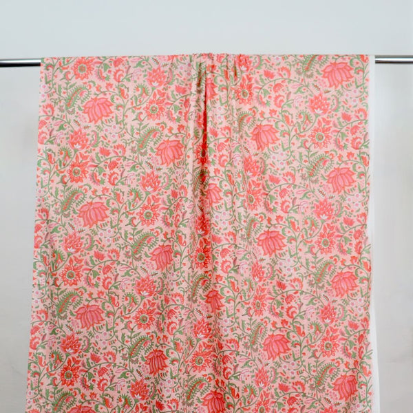 pink and green  floral block print cotton fabric