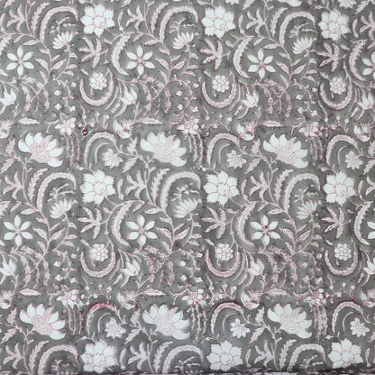 gray and white floral block print cotton fabric