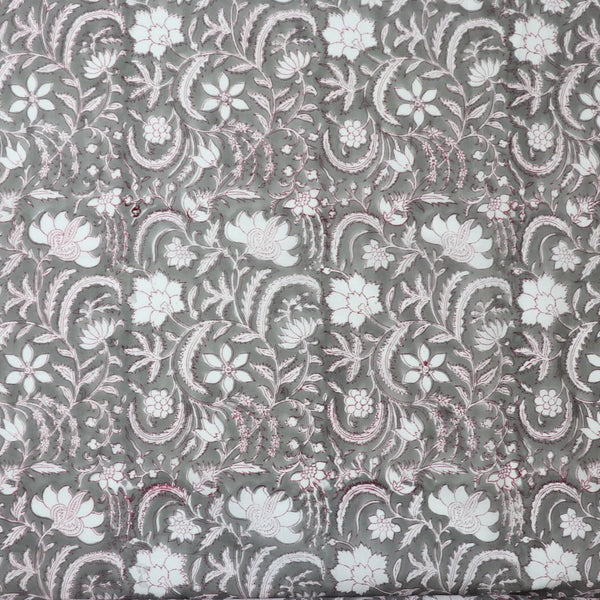 gray and white floral block print cotton fabric