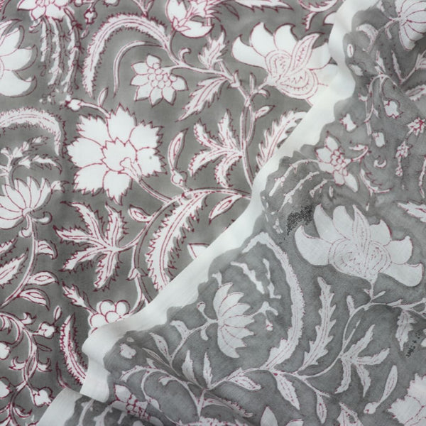 gray and white floral block print cotton fabric