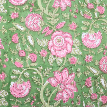 pink and green floral block print cotton fabric