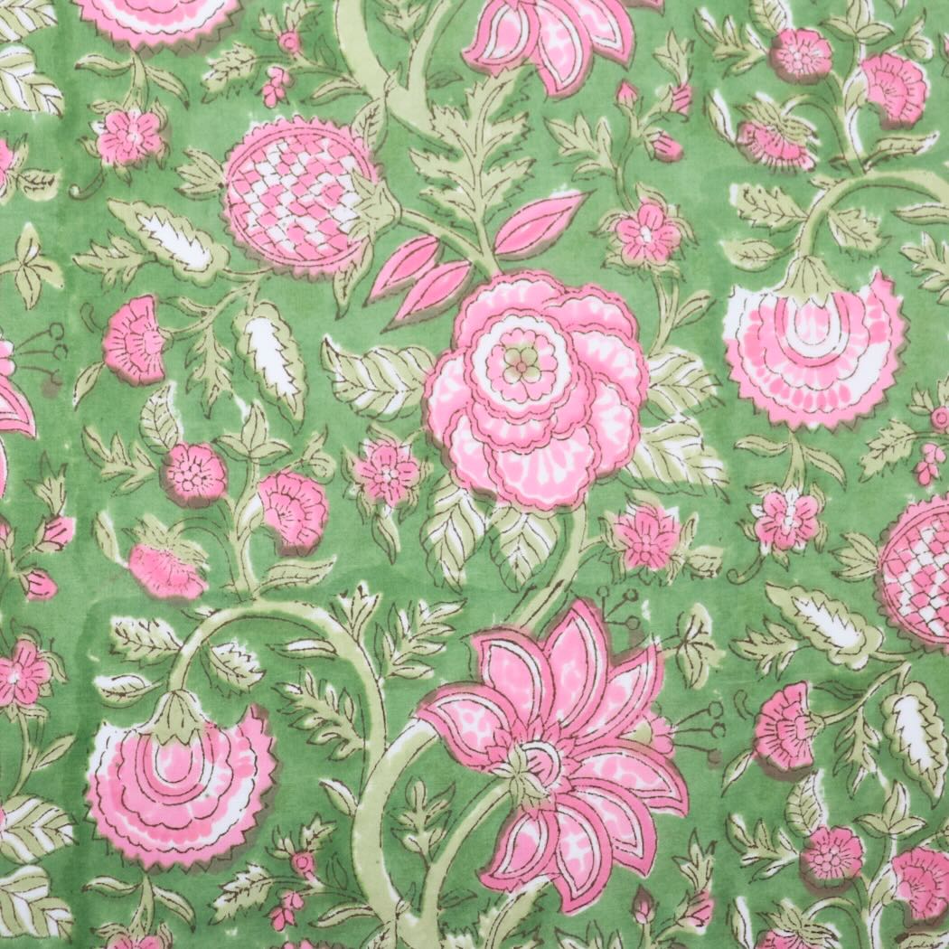 pink and green floral block print cotton fabric