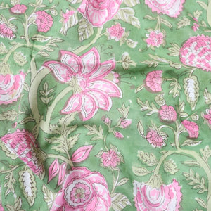 pink and green floral block print cotton fabric