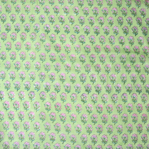 green and pink floral hand block printed cotton fabric