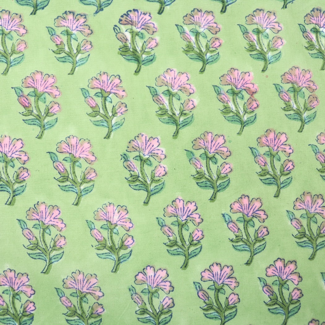 green and pink floral hand block printed cotton fabric