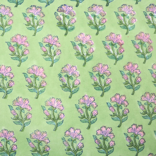 green and pink floral hand block printed cotton fabric