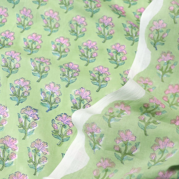 green and pink floral hand block printed cotton fabric