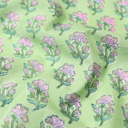 green and pink floral hand block printed cotton fabric