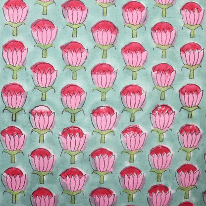 blue and pink floral block print cotton fabric