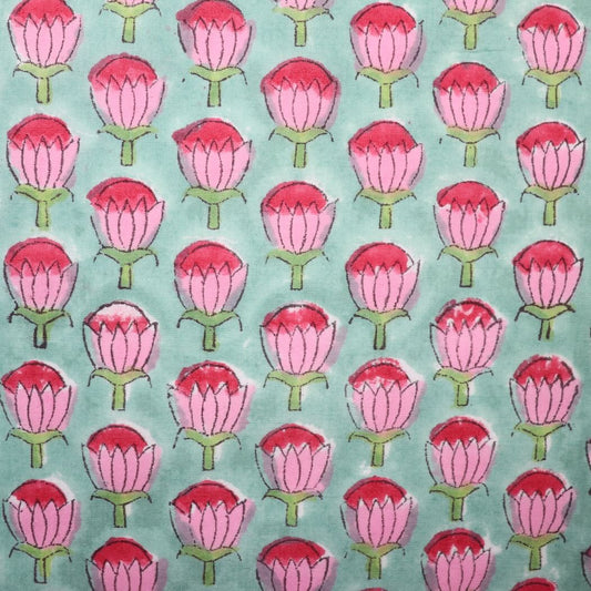 blue and pink floral block print cotton fabric