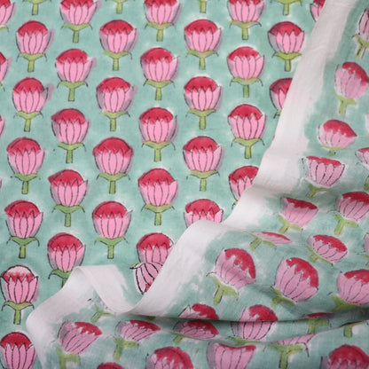 blue and pink floral block print cotton fabric