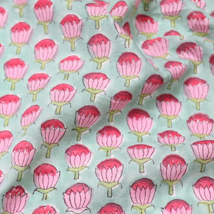 blue and pink floral block print cotton fabric