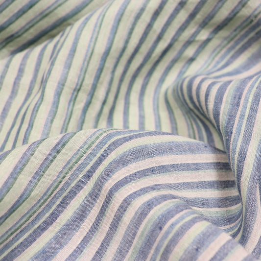 pale green and blue striped linen hand woven fabric