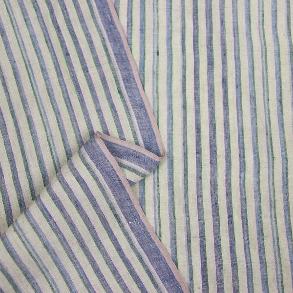 pale green and blue striped linen hand woven fabric